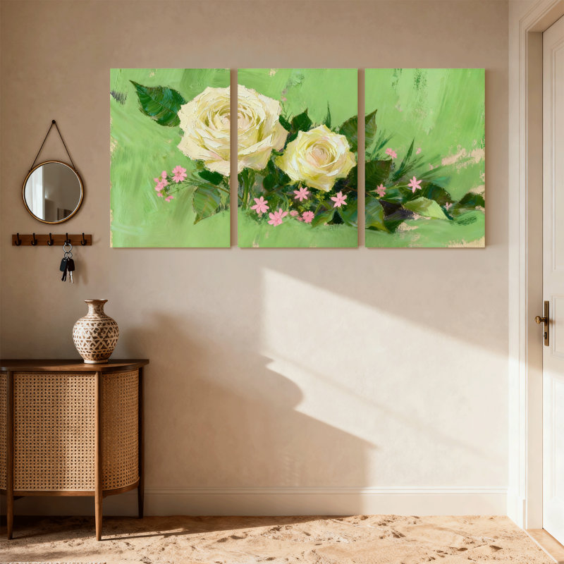 Ensemble de 3 reproductions d'art sur toile, roses et roses blanches sur fond vert, H 30 po x l 60 po