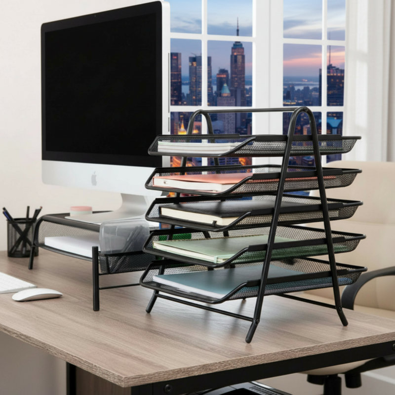 Étagère de rangement à cinq niveaux pour fournitures de bureau avec filet en métal noir, pour le rangement de fichiers de bureau.