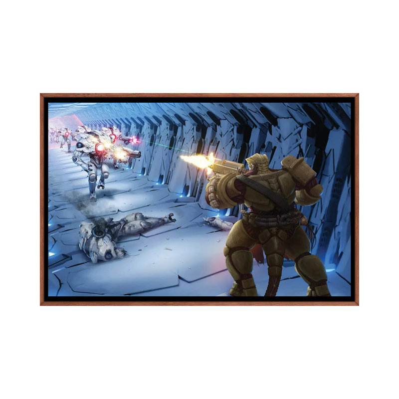 «Obozaya Gunning Down Robots», reproduction d'art sur toile encadrée, H 26 po x l 40 po, Brun