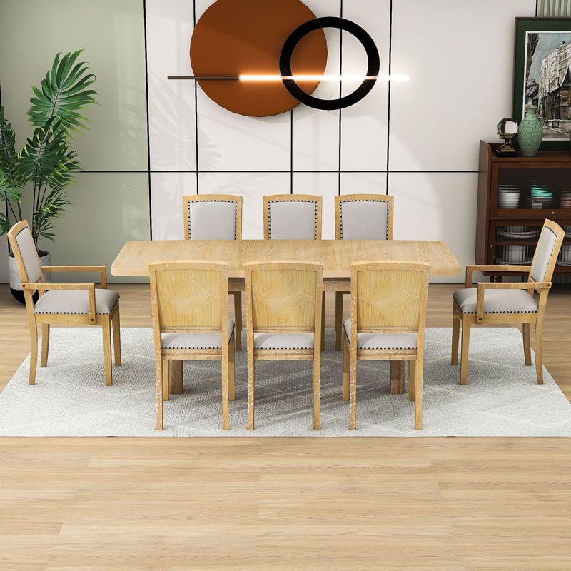 Ensemble de salle à manger en bois 9 pièces avec rallonge et chaises Rahish, Naturel, Naturel, Naturel / gris