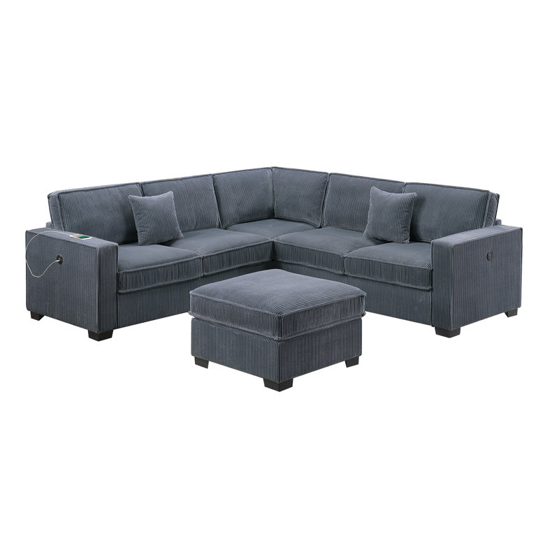 Contemporary Style 4Pc Sectional Set Loveseat USB Port Cocktail Ottoman Corner Wedge Plastic Legs Corduroy Upholstered Dark Gray Finish Primary Living Room