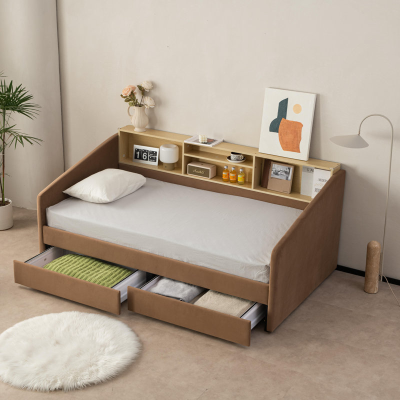 Guisselle Upholstered Twin 2 Drawers Storage Daybed with Shelf Headboard 