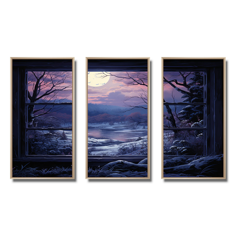 Purple River Winter Windows III - Winter Landscape Wall Art, 28" H x 36" W x 1" D, Brown Floater Framed
