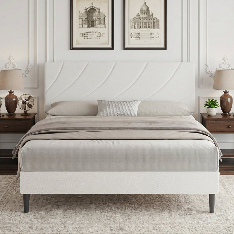 Bed Frame  with Linen Fabric Upholstered Headboard and Wooden Slats Support,Adjustable Headboard, No Box Spring Needed, White