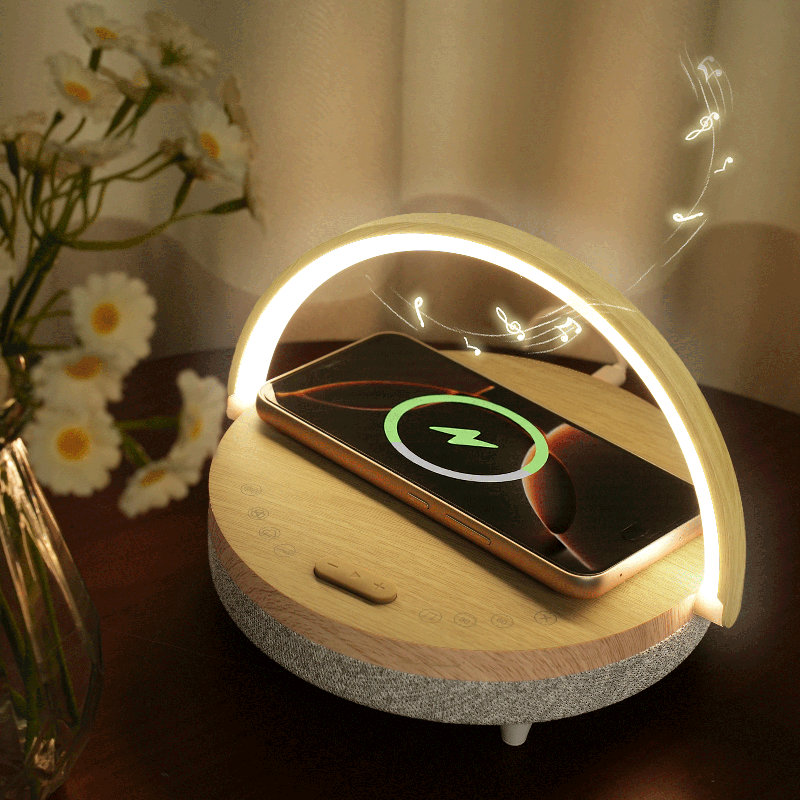 6-in-1 Bedside Table Lamp with Wireless Charger, Bluetooth Speaker, White Noise Machine & Phone Stand, Natural Wood Grain