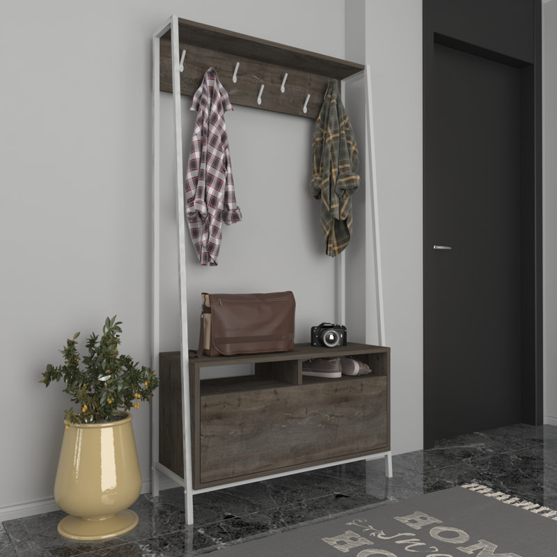 Andreous Hall Tree 37'' Wide with Shoe Storage, White/Dark Gray Oak