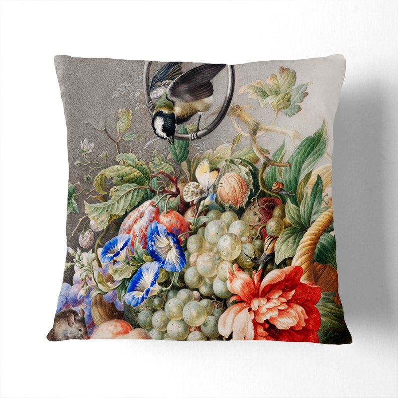Bird with Flowers Scatter Cushion, 40cm H x 40cm W x 15cm D, Stone