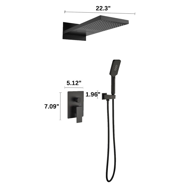 Système de douche complet à pression équilibrée (température et volume) avec valve brute, Noir