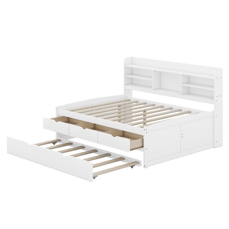 Full Size Wooden Captain Bed with Built-in Bookshelves, Three Drawers and Trundle, White Wash