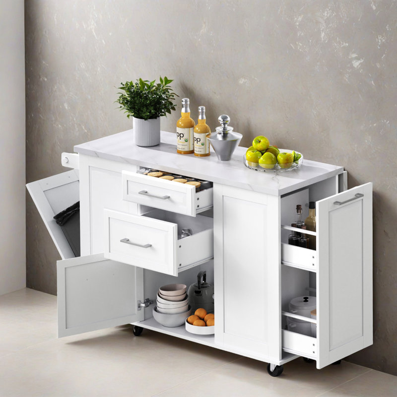 Îlot de cuisine 50,72 po avec rangement pour armoire à ordures basculante et organisateur à tiroirs, chariot de cuisine roulant pour la cuisine, la salle à manger
