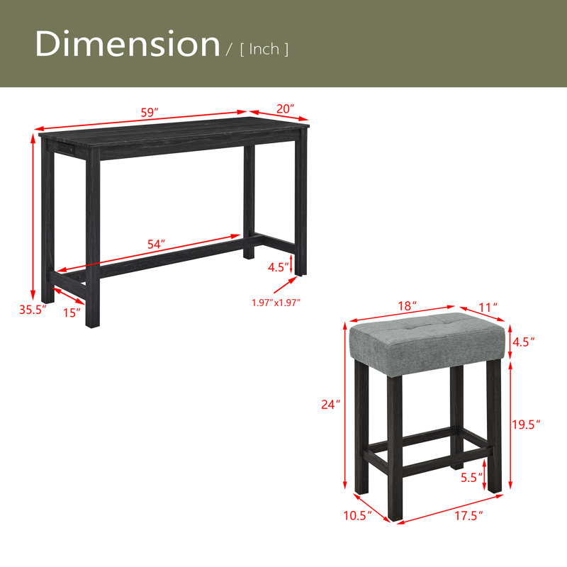 59 Inch Bar Table, Dining Table, Sofa Table With Power Outlet, 3 Upholstered Stools, 4 Piece Bar Table And Chair Set For Living Room
