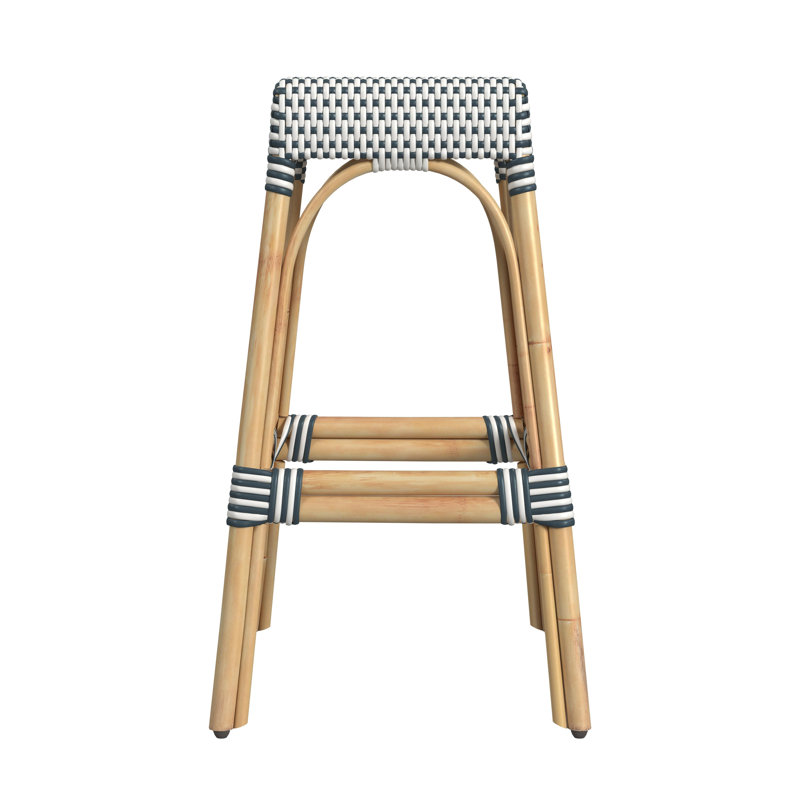 Robias Rattan Bar & Counter Stool, White/Navy Dot/ Natural Rattan Frame, Bar Stool (30" Seat Height)