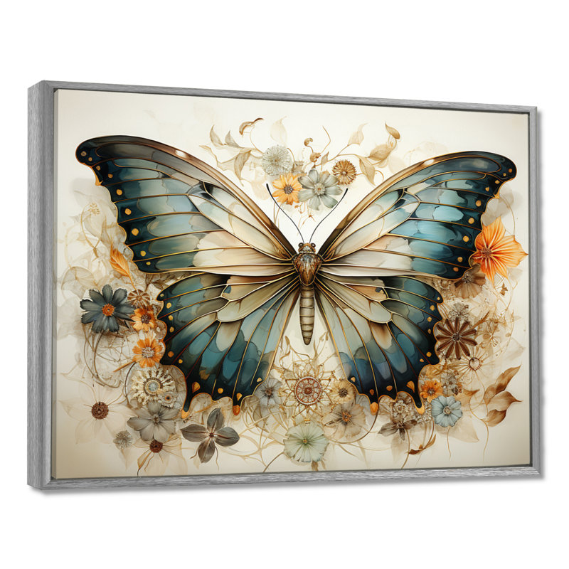 Papillon beige sarcelle, motifs complexes - art mural papillon, H 12 po x l 20 po x P 1 po, Encadrement argenté