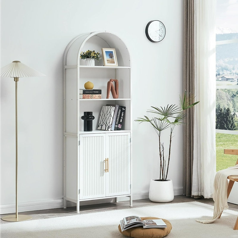 Bibliothèque arquée à 5 niveaux avec portes, bibliothèque haute avec rangement, design industriel sur pied pour le bureau à domicile ou le salon (blanc)