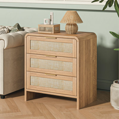 Caramel Oak Rattan 3-Drawer Nightstand, 22.8" Wide Curved Wooden Bedside Table