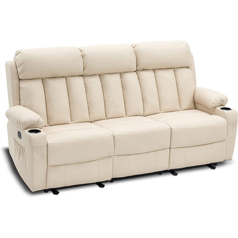 Zhanea Power Reclining Sofa with Heat and Massage,  3-Seat Dual Recliner Sofa, Cream White