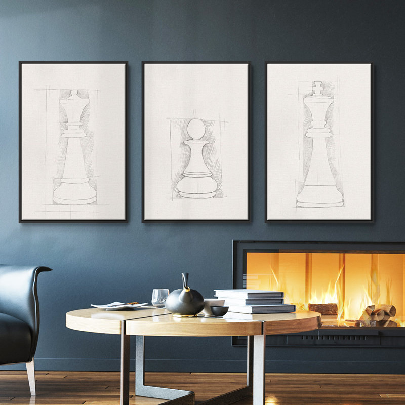 Jeu d'échecs, croquis 3 pièces, H 27 po x l 54 po, Noir