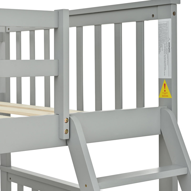 Lit superposé simple au-dessus de double en bois gris, équipé et doté de caractéristiques, construction en pin robuste, peut être divisé en deux pour plus de commodité, pas de sommier nécessaire, rampe supérieure - protection de la longueur, bas