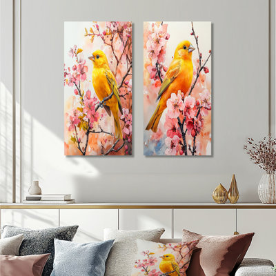 «Golden Finch parmi les fleurs roses», art mural 2 pièces