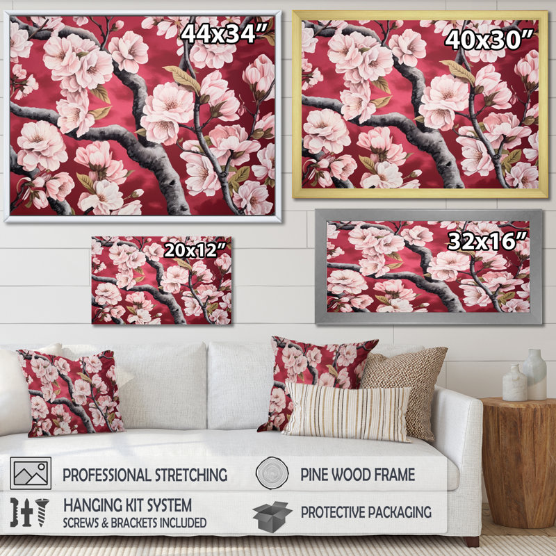 «Cherry Blossum Flower Whispers IV», reproduction sur toile, H 24 po x l 32 po x P 1 po, Cadre simple blanc