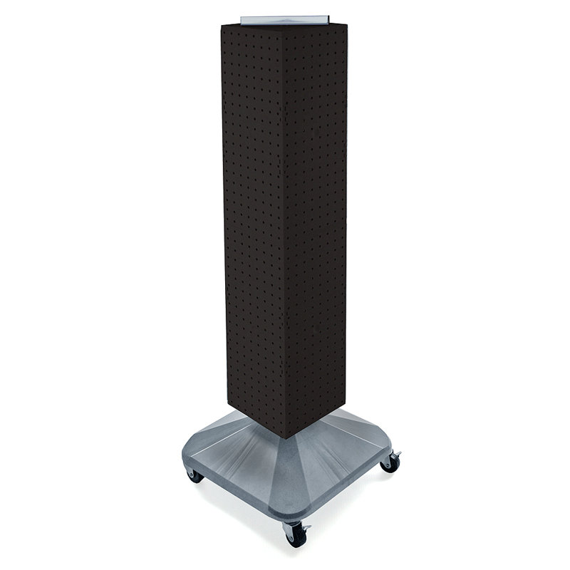 Four-Sided Pegboard Floor Display on Revolving Wheeled Base. Spinner Rack Tower.