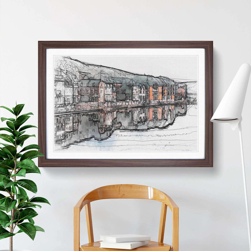Row of Houses in Dinant Belgium in Abstract - Picture Frame Graphic Art Print, 60cm H x 91cm W x 2cm D, Walnut
