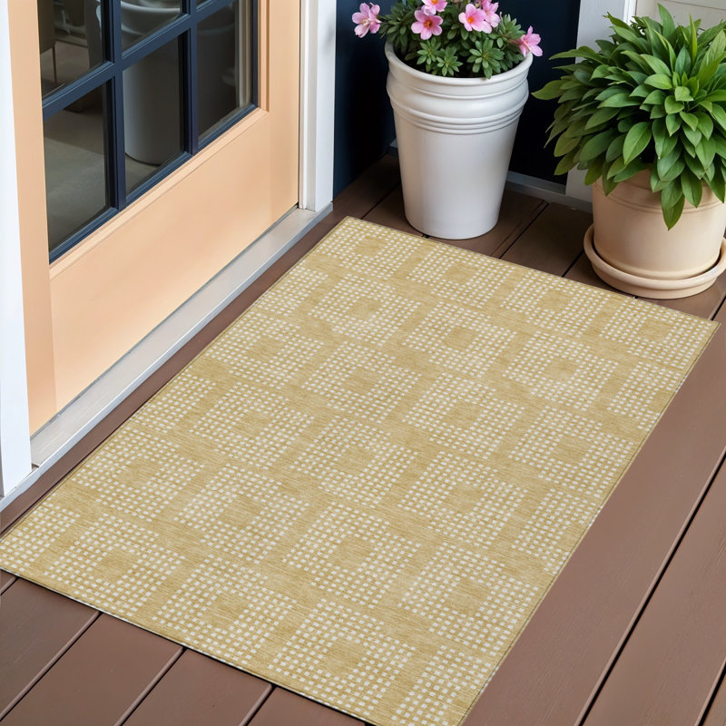 Tapis extérieur lavable à motif géométrique doré et ivoire 3 pi x 5 pi