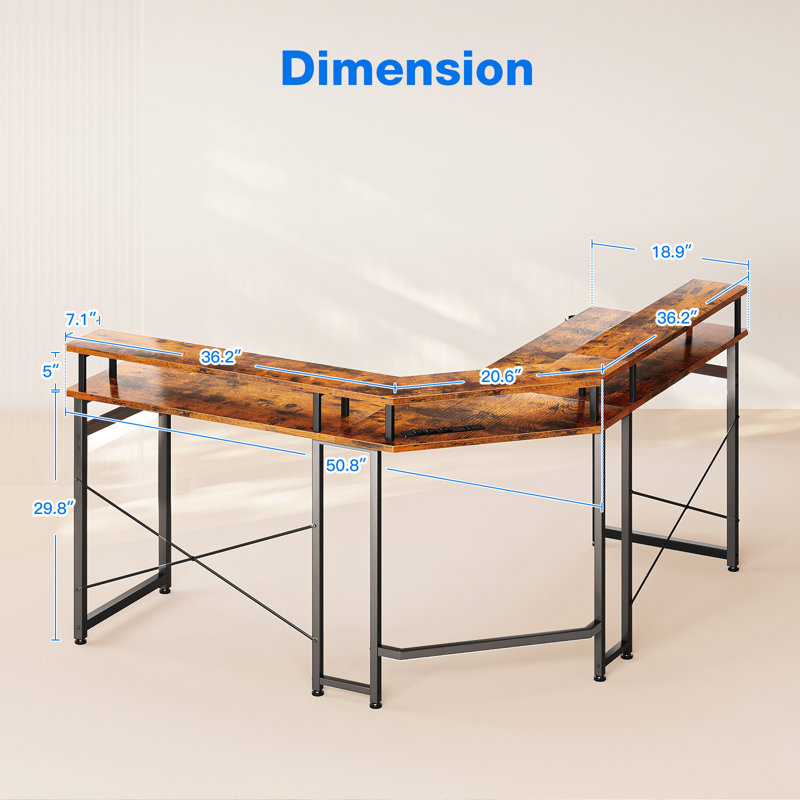 Israa L-Shaped Metal Base Computer Desk with Power Outlet, Rustic Brown/Black
