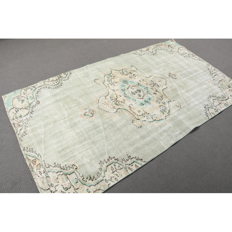 Tapis turc rétro vintage Oushak dans des tons verts, idéal pour la salle à manger ou les espaces bohémiens