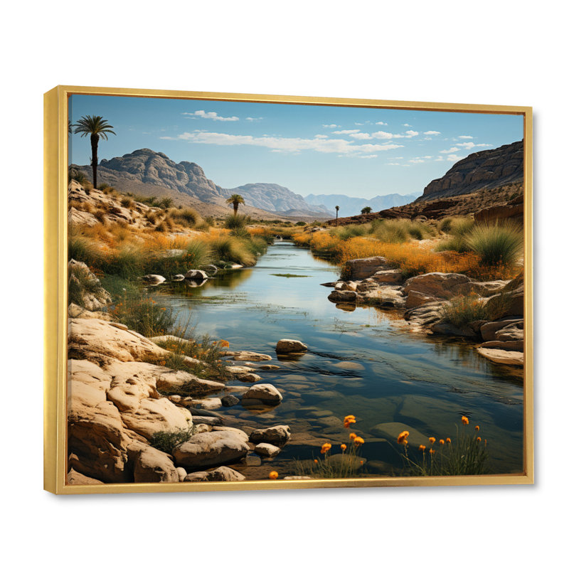 Désert oasis III sur toile, H 34 po x l 44 po x P 1,5 po, Cadre flottant doré