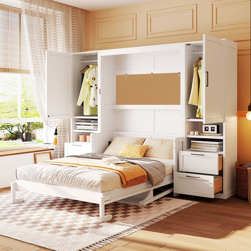Lit escamotable Murphy avec placard, tiroirs et tablettes, Double, Blanc