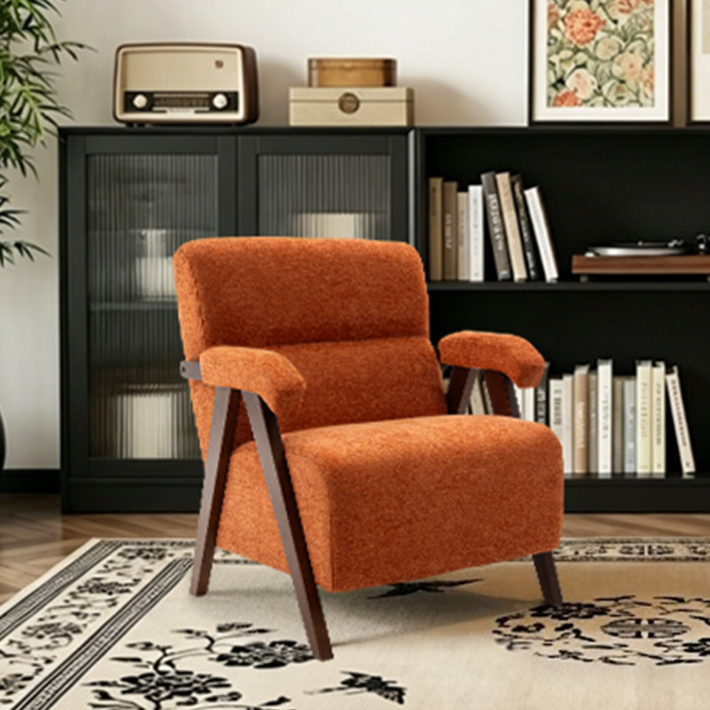  Mid Century Modern Accent Chair – Solid Wood Frame, Tufted Orange Polyester Upholstery with Thick Cushion