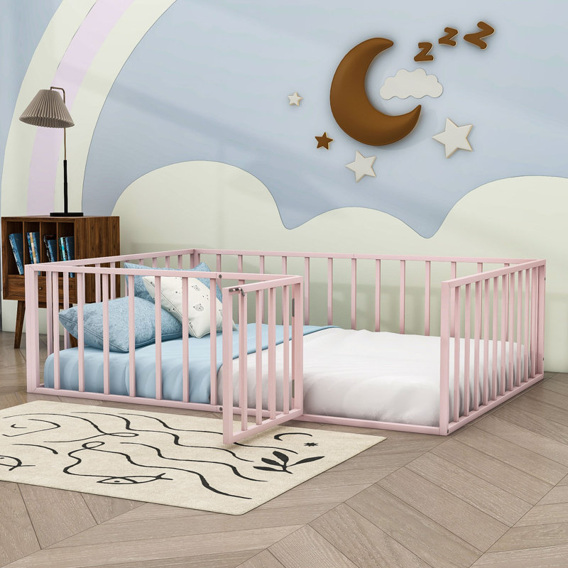 Idonah Metal Floor Bed with Fence and Door, Pink, Full