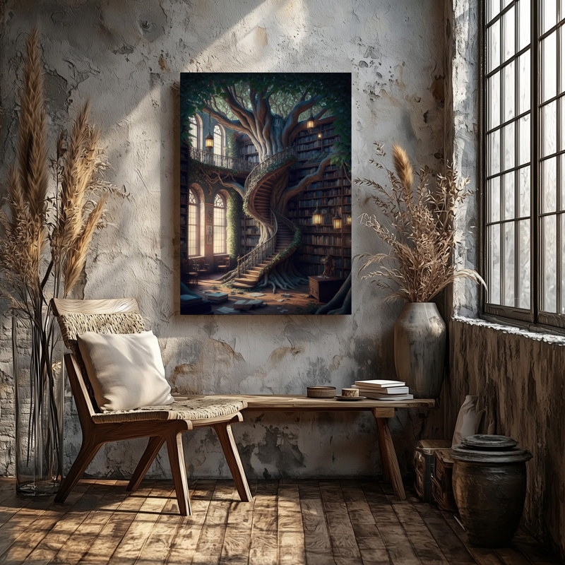 Toile, Bibliothèque mystique nichée dans un arbre antique géant, art mural, H 40 po x l 30 po