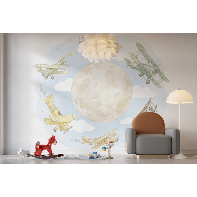 Papier peint lunaire lunatique Airplanes, 100 po x 96 po, Peler et coller