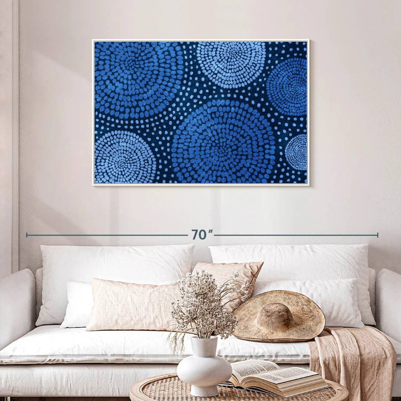Blue African Circles, Floating Frame White, 43" X 29"