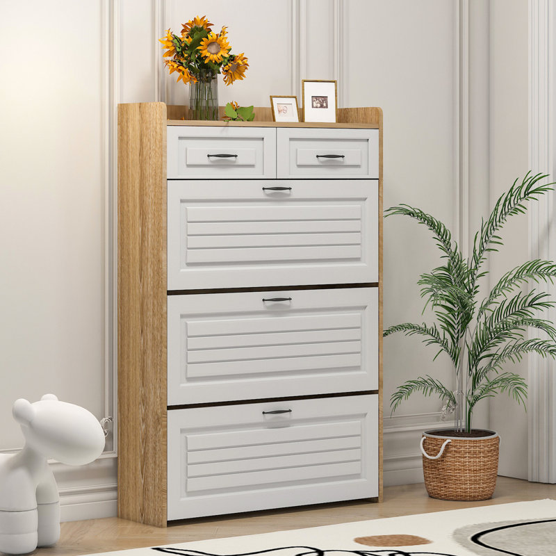 Large Space Shoe Storage With 3 Rotating Drawers, White + Brown, Organizes Your Collection Classical Cabinet 2 Fits Every Family Style