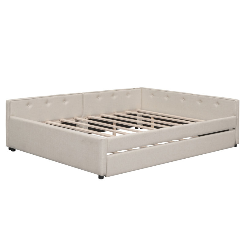 Grand lit plateforme tapissier avec port USB et lit gigogne, Double