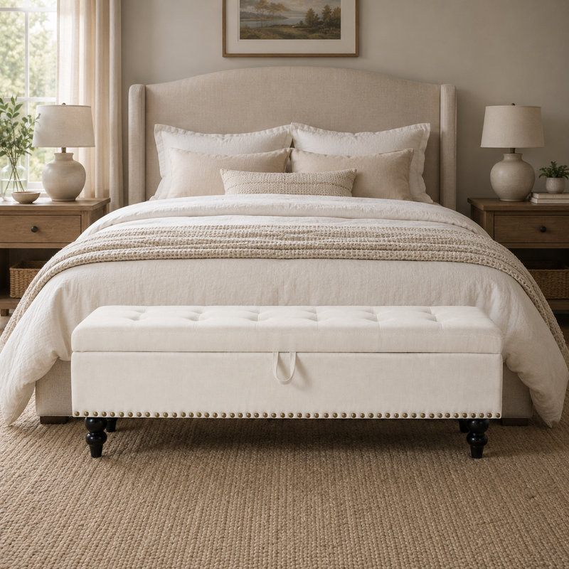 Élégant banc de rangement rembourré en lin et coton avec plateau rabattable, Beige