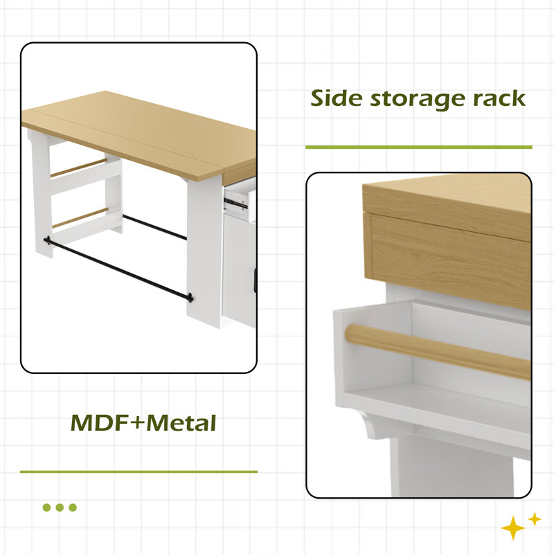 Table de bar rectangulaire de 150 cm avec abattant, table de comptoir avec repose-pieds en métal, table de bar avec tablette réglable à 3 niveaux et 3 tablettes latérales ouvertes.