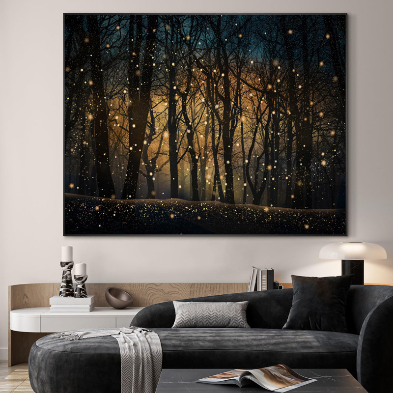Très grande reproduction d'art sur toile - Forêt de nuit magique en forme de luciole, décor de scène de forêt enchantée pour le salon ou la chambre à coucher - «Assemblage requis du cadre (cadre non fini)»