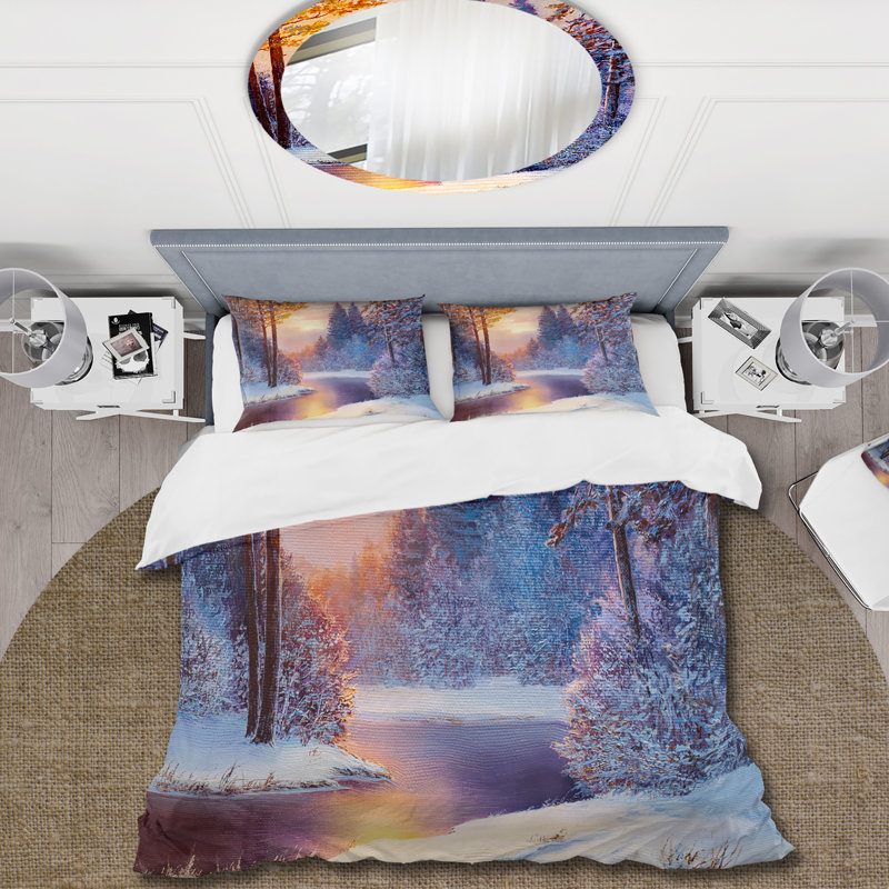 «Winding River» avec des silhouettes d'arbres bleu foncé - ensemble de housse de couette Country - microfibre de polyester