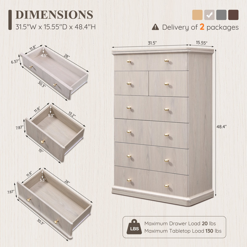 Commode 7 tiroirs Abarca, Crème, 7