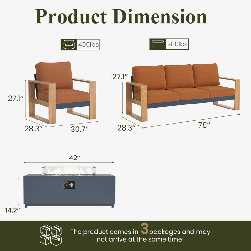 Ensemble de meubles de patio en aluminium 4 pièces avec table de foyer, siège surdimensionné avec ensemble de conversation extérieur à haut dossier