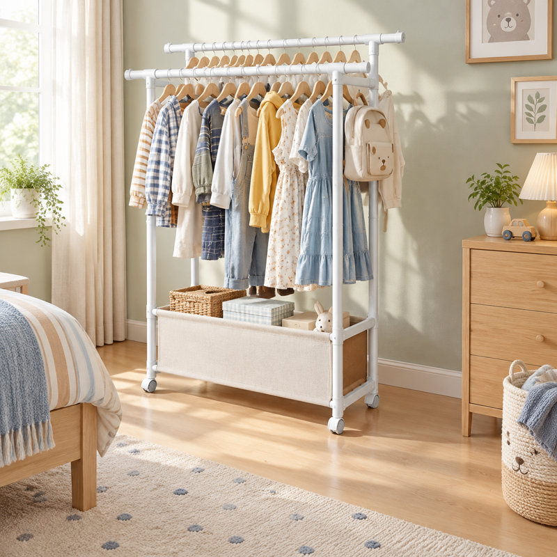 Penderie portative blanche à deux tringles pour enfant avec tablette de rangement en tissu
