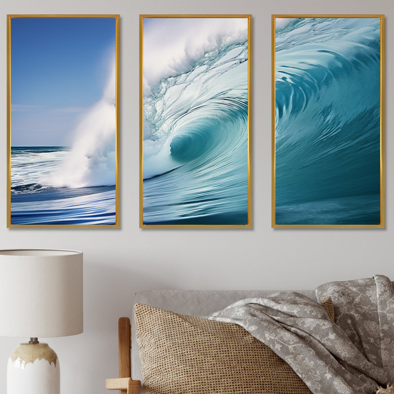 «Turquoise Power of Ocean Wave III», ensemble d'art mural sur toile côtière, Cadre flottant doré, H 28 po x l 36 po x P 1 po
