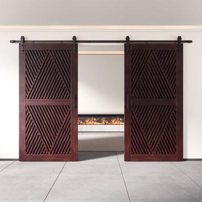 Homacer Red Mahogany Double 48in x 80in Unassembled & Finished Diamond Design Barn Doors with Non-Bypass Installation Hardware Kit, 18ft track, interior use only
