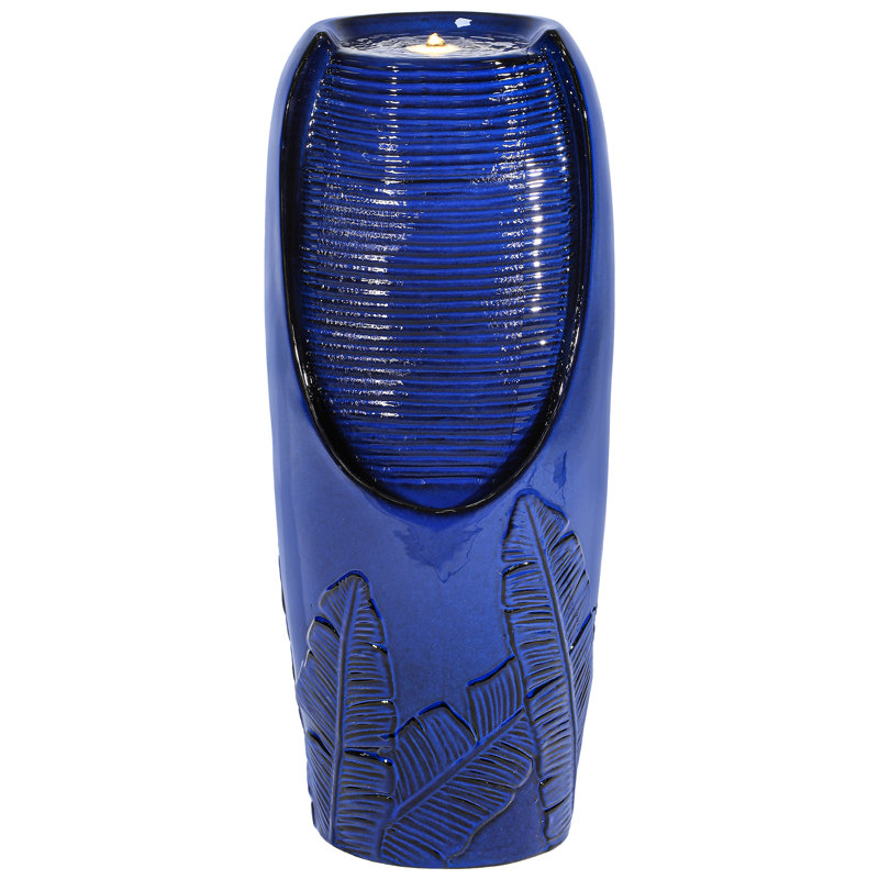 32" Ceramic Jar Outdoor Fountian, Weather-Resistant Floor Water Fountain with Light, Cobalt Blue