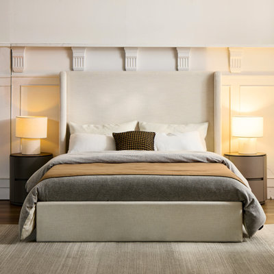 Queen Bed With 54" Tall Headboard, Textured Upholstery, Luxury Design, Metal Frame, Quick Setup, Box Spring Needed Upholstered Frame Chenille, And Elegant, Construction, Simple Assembly,