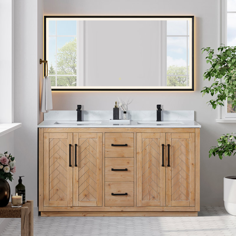 Anais 60" Double Bathroom Vanity with Grain White Engineered Stone Countertop with Mirror